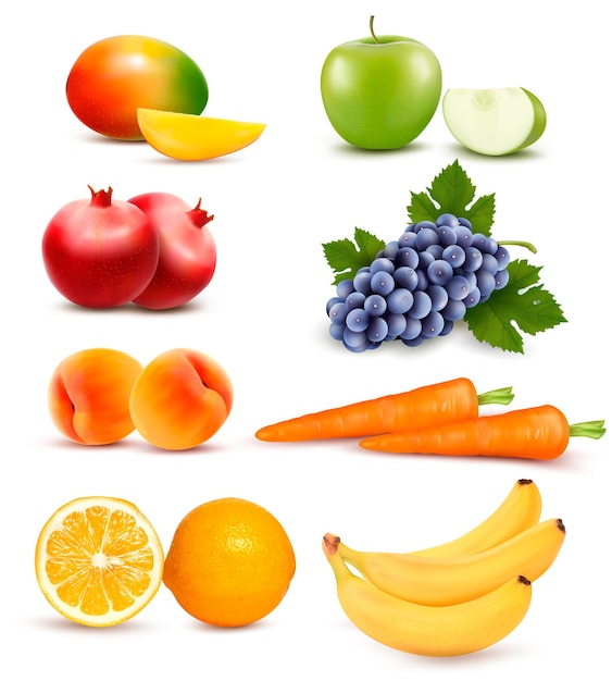 Gran grupo de diferentes frutas y verduras. vector.