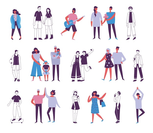Gran grupo de diversos personajes de dibujos animados planos estilo jóvenes parejas en diferentes poses de pie juntos aislados sobre fondo blanco Multitud de personas Casualmente mirando hombres vestidos mujeres Vector