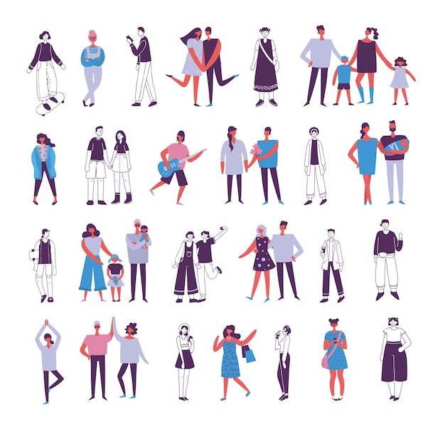 Gran grupo de diversos personajes de dibujos animados planos estilo jóvenes parejas en diferentes poses de pie juntos aislados sobre fondo blanco