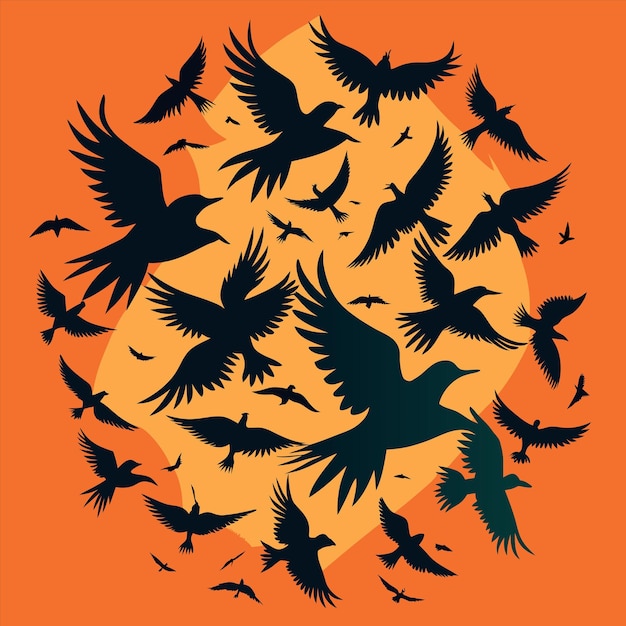 un gran grupo de pájaros volando en un círculo con un fondo naranja
