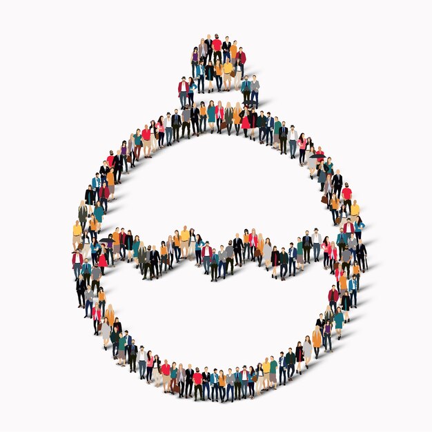 Un gran grupo de personas en forma de árbol de Navidad de juguete