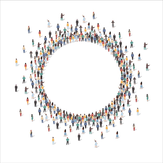 Gran grupo de personas que forman un marco circular de pie juntos ilustración vectorial plana Gente que se reúne en forma de frontera redonda