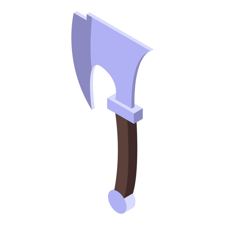 Vector gran hacha de batalla vikinga afilada con mango de madera apuntando hacia abajo ilustración isométrica
