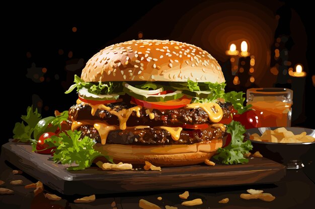 Vector gran hamburguesa de queso única hamburguesa sabrosa con carne y verduras aisladas en el fondo