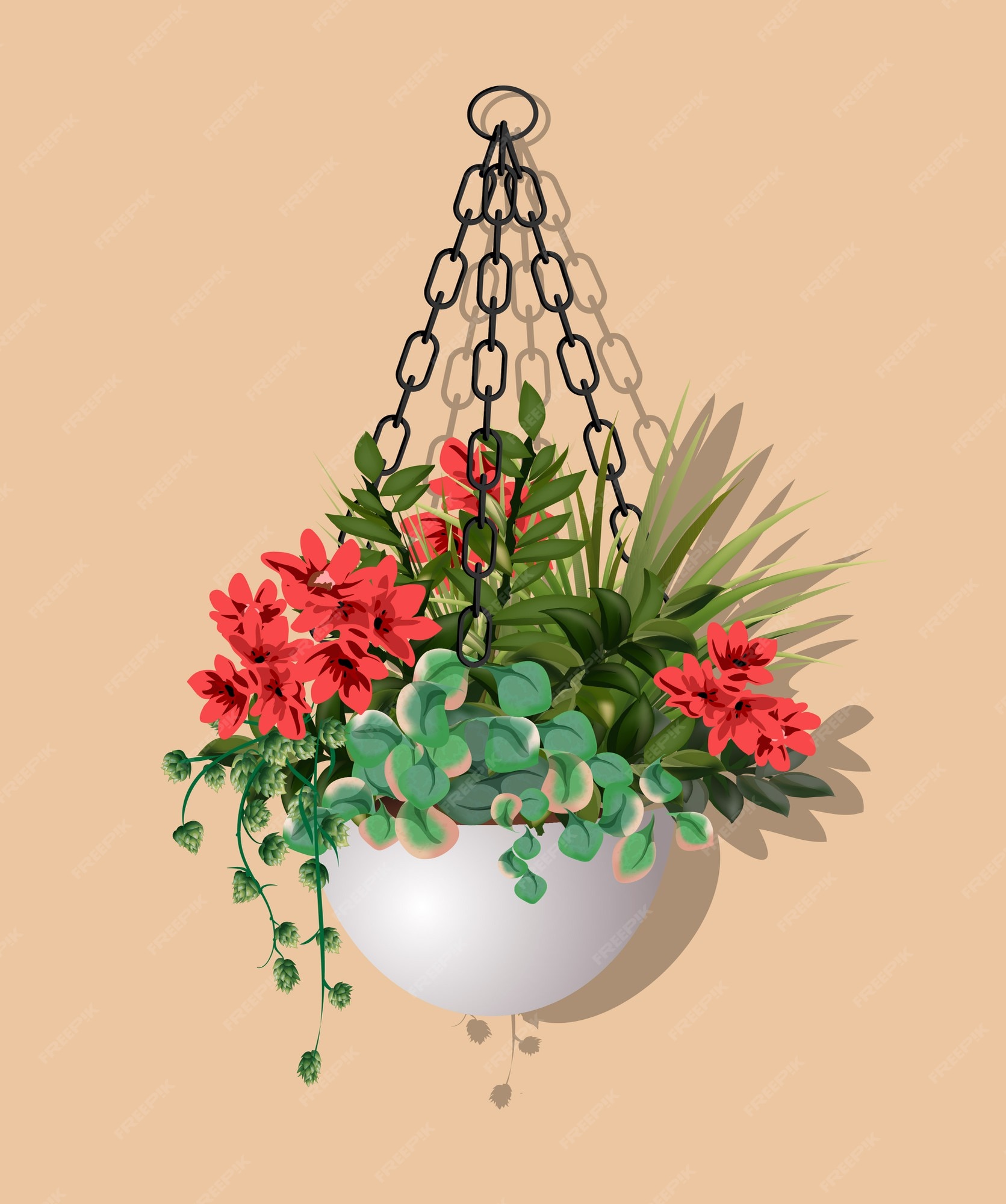 Gran hermoso arbusto de diferentes plantas con flores rojas en una maceta aislado fondo | Vector Premium