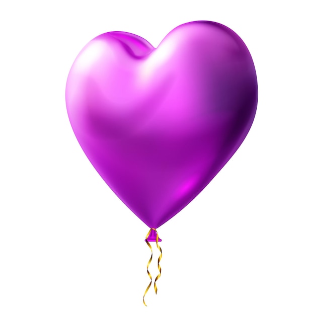 Gran y hermoso globo en forma de corazón púrpura con resplandores y serpentina dorada aislada sobre un fondo blanco