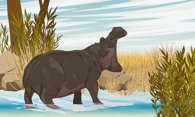 Vector un gran hipopótamo africano nada en el lago hipopótamo bostezando o gruñendo vida silvestre de áfrica vector realista