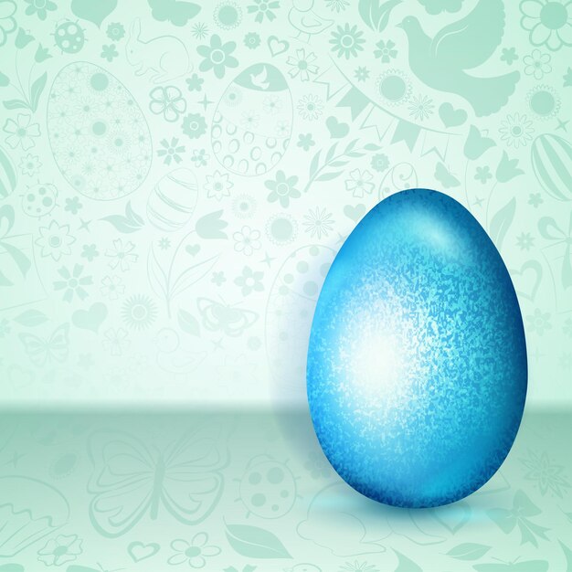 Gran huevo de pascua azul claro sobre un fondo verde de flores, pasteles, liebre, pollo y otros símbolos festivos