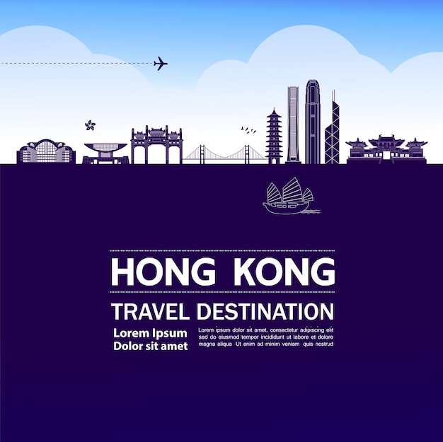 Gran ilustración de destino de viaje de Hong Kong.