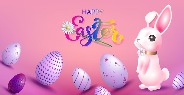 Gran ilustración con huevos de Pascua y un conejo rosado