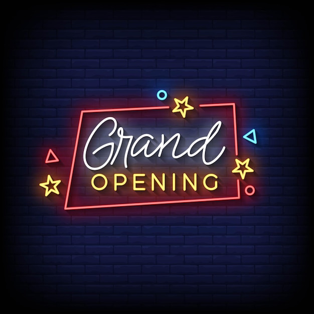 Gran inauguración de letrero de neón con vector de fondo de pared de ladrillo