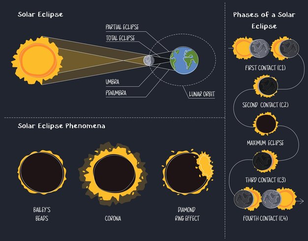 Gran infografía del eclipse solar Fenómenos y etapas de contacto del satélite de la tierra con el sol Esquema de dirección de los rayos de luz solar Fases del Eclipse Solar en fondo oscuro