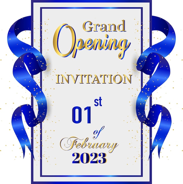 Vector gran invitación de apertura el 1 de febrero con cinta y confeti