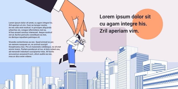 Vector gran jefe mano sosteniendo despidió a una mujer de negocios despedida con cosas crisis de desempleo empleado desempleado reducción de empleo despido
