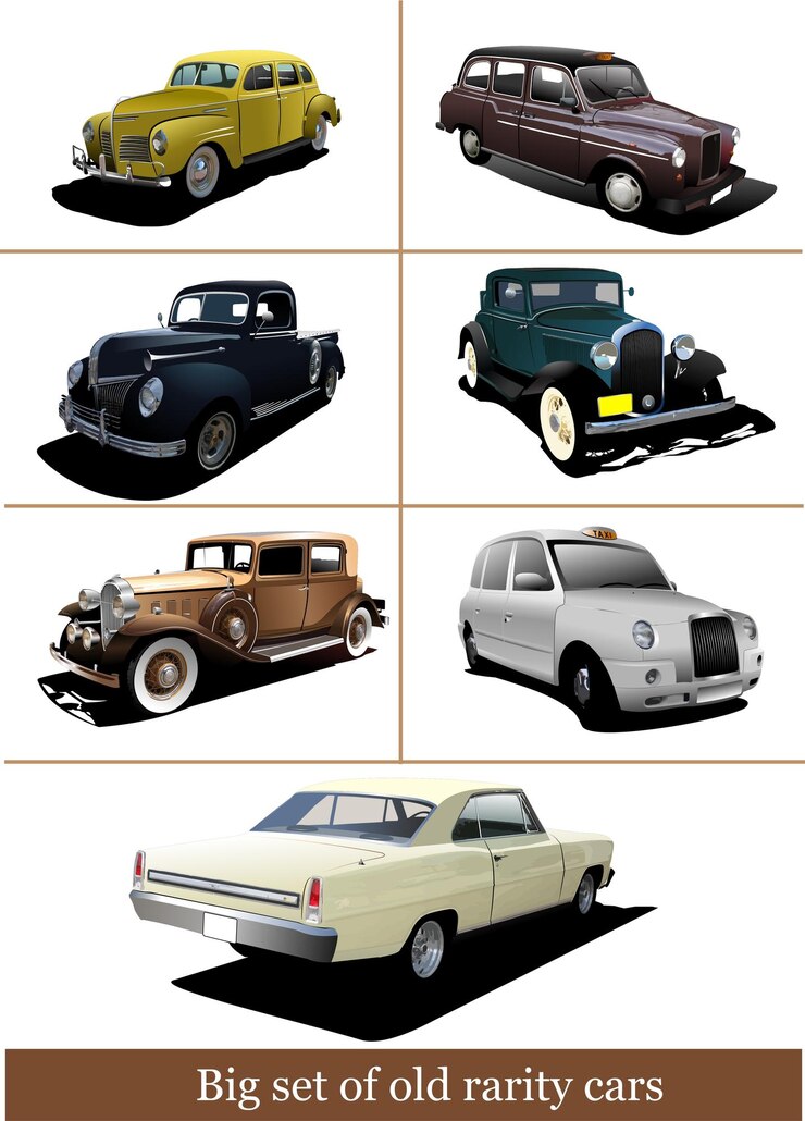 Vector gran juego de autos viejos en color 3d de fondo aislado ilustración vectorial
