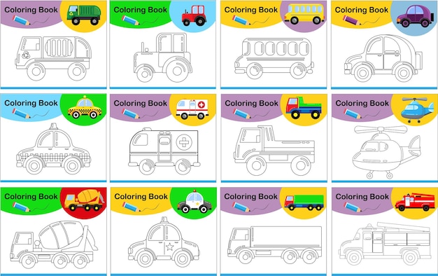 gran juego de coches para colorear para niños. estilo de dibujos animados aislado en un blanco