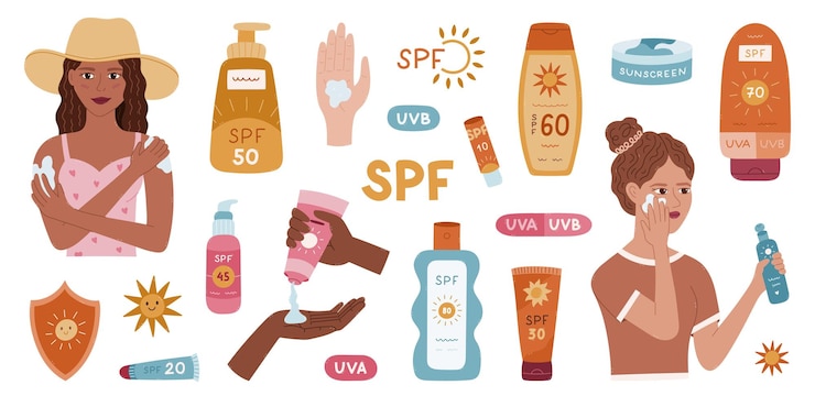 Vector gran juego de dibujos animados con cosméticos para las vacaciones de verano protección contra los rayos del sol