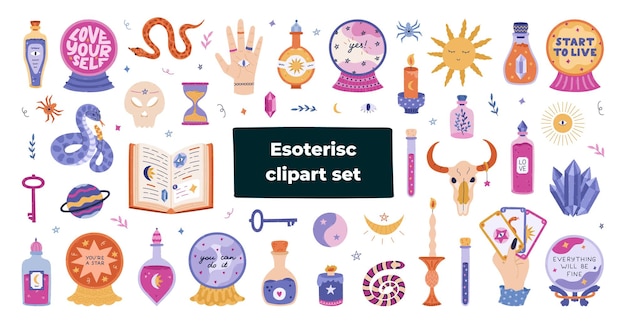 Gran juego de dibujos animados esotéricos y magos con pociones, hechizos, libros, bolas de cristal, astrología e íconos espirituales.