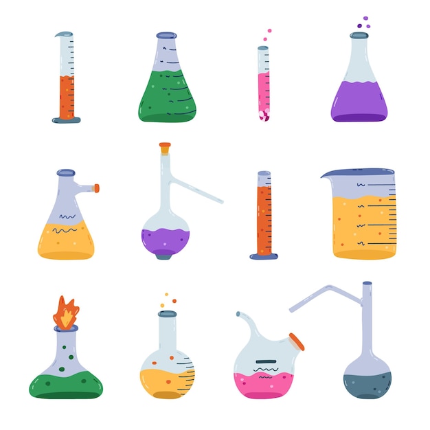 Gran juego de dibujos animados con vaso de laboratorio con reactivo de solución química de fuego y burbuja