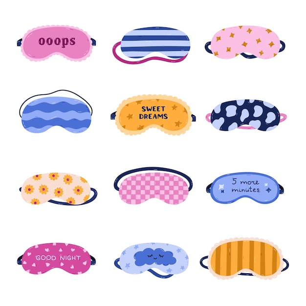 Gran juego de máscaras de dormir de dibujos animados con animales geométricos y motivos florales con letras y decoración de encaje