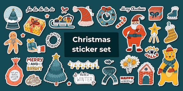 Gran juego de pegatinas de invierno de Navidad y Año Nuevo con garabates y letras coloridas para los planificadores