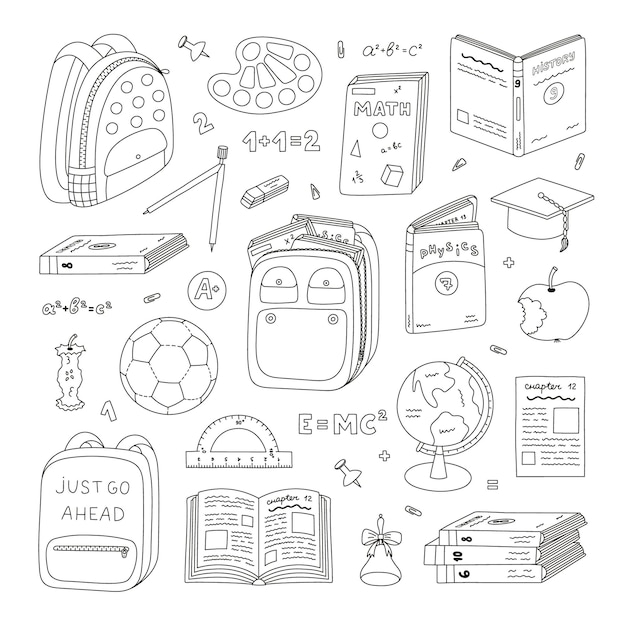 Gran juego de vuelta a la escuela con suministros escolares para niños Clipart de contorno dibujado a mano para el estudio