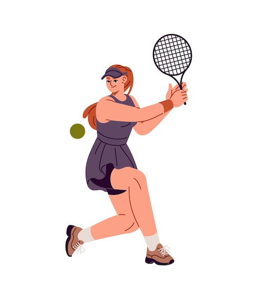 Un gran jugador de tenis feliz en uniforme golpea la pelota con la raqueta en un partido de competencia Una deportista profesional con la raquetilla juega un juego deportivo en la cancha Ilustración de vector aislado plano en fondo blanco
