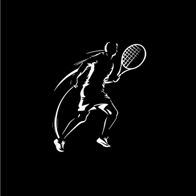 Gran jugador de tenis con raqueta de entrenamiento blanco silueta lineal boceto deporte juego logo plantilla mano dibujo tatuaje sobre fondo negro Vector ilustración