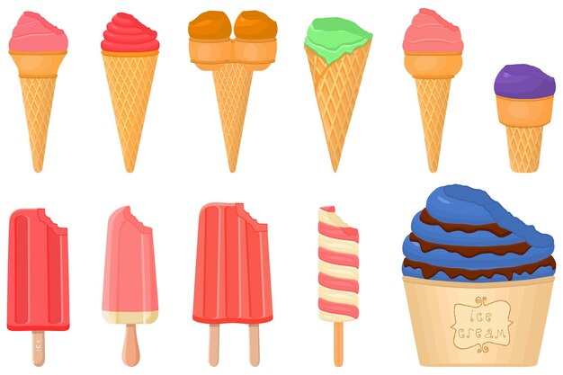 Gran kit de paletas de helado de diferentes tipos en taza de gofre de cono