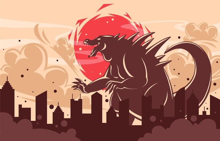 Vector gran lagarto reptil monstruo atacando fondo ciudad