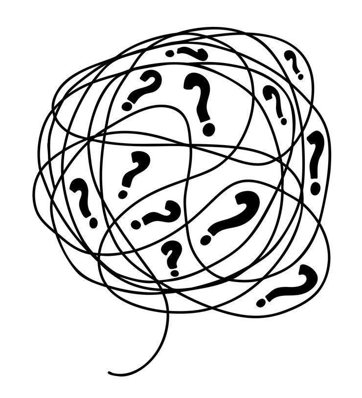 Vector gran maraña de burbujas de pensamientos confusos con signos de interrogación. garabato de dibujo lineal