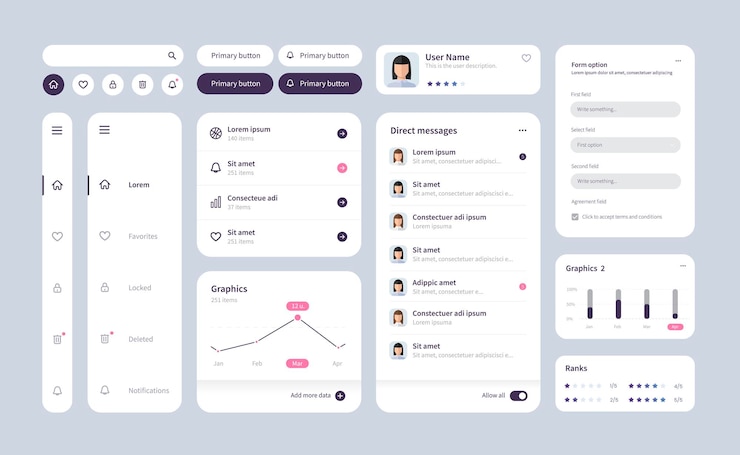 Gran y mejorado kit de UI para el diseño de aplicaciones móviles web con los diferentes botones diagramas de gráficos