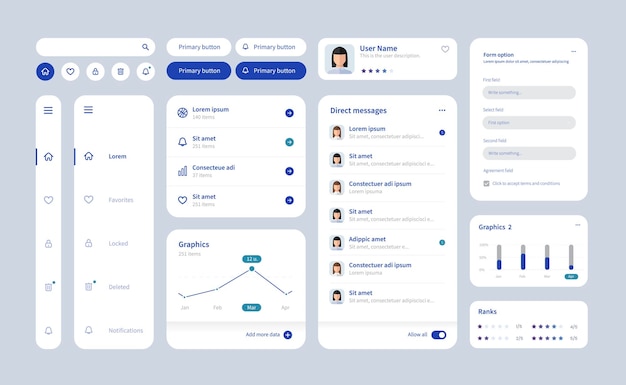 Gran y mejorado kit de UI para el diseño de aplicaciones móviles web con los diferentes botones diagramas de gráficos