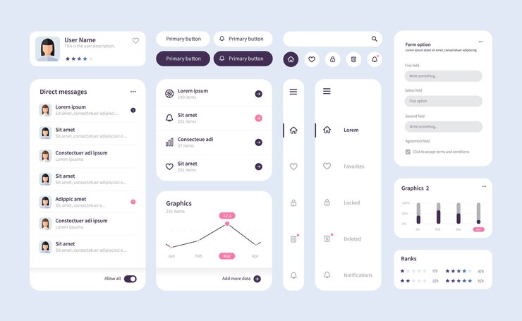 Vector gran y mejorado kit de ui para el diseño de aplicaciones móviles web con los diferentes botones diagramas de gráficos