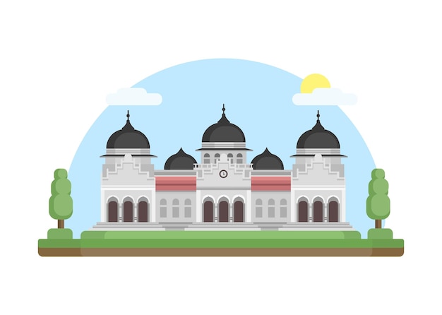 Gran mezquita baiturrahman aceh edificio emblemático de indonesia diseño plano ilustración vectorial