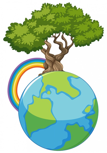 Gran mundo azul y gran árbol verde sobre blanco