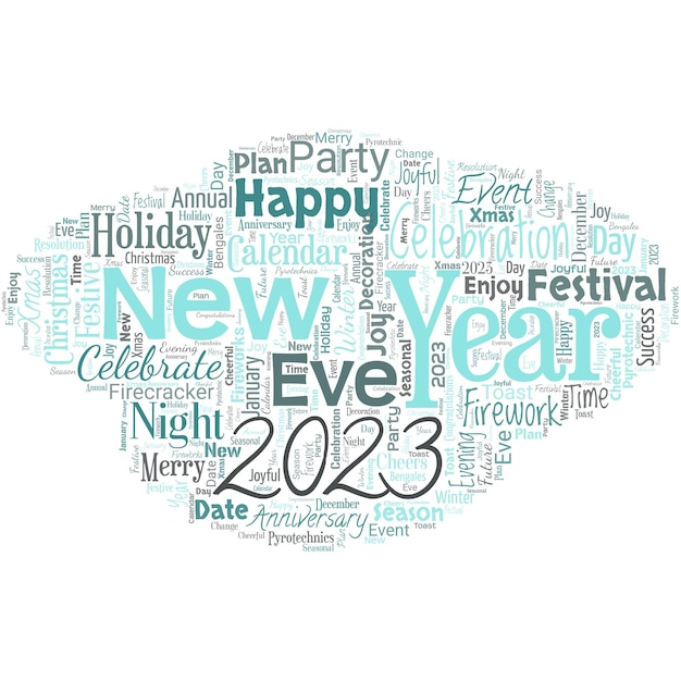 Gran nube de palabras en forma de OVNI con palabras Feliz Año Nuevo 2023 Feliz Año Nuevo felicitaciones Feliz Navidad a todos a principios de enero