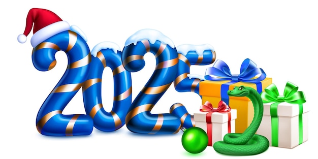 Gran número estilizado azul 2025 salpicado de nieve en la parte superior con un diseño festivo de caña de caramelo navideño con una serpiente verde un sombrero de Papá Noel y cajas de regalos con sombras suaves sobre un fondo blanco