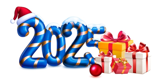 Gran número estilizado azul 2025 salpicado de nieve en la parte superior con un diseño navideño festivo que recuerda a un bastón de caramelo con sombrero de Papá Noel y cajas de regalos con sombra suave sobre un fondo blanco