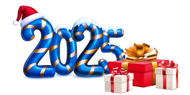 Gran número estilizado azul 2025 salpicado de nieve en la parte superior con un diseño navideño festivo que recuerda a un bastón de caramelo con sombrero de Papá Noel y cajas de regalos con sombra suave sobre un fondo blanco