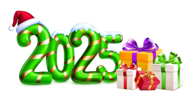 Gran número estilizado verde 2025 salpicado de nieve en la parte superior con un diseño navideño festivo que recuerda a un bastón de caramelo con sombrero de Papá Noel y cajas de regalos con sombra suave sobre un fondo blanco