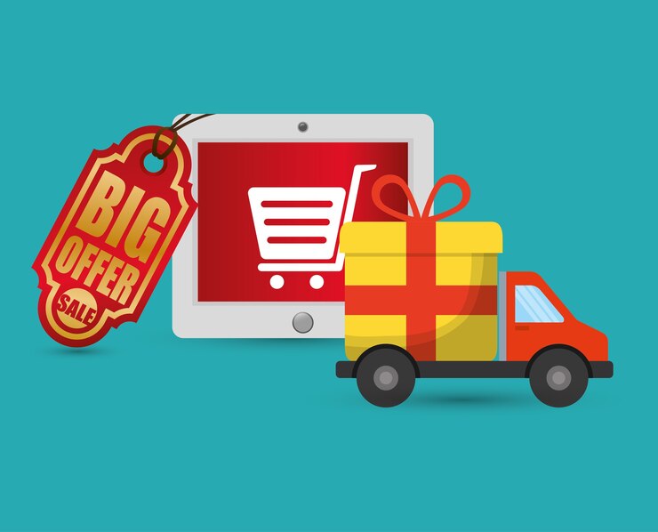 Vector gran oferta de venta en línea de camiones de entrega de regalos.