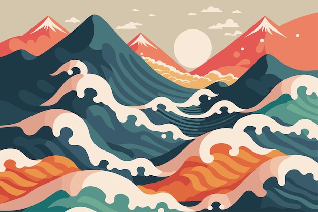 Gran ola oceánica con cartel de sol en la ilustración de vector de estilo japonés