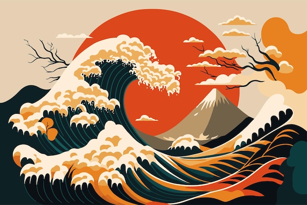 Gran ola oceánica con cartel de sol en la ilustración de vector de estilo japonés