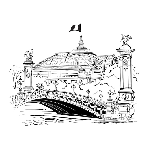 El Gran Palacio y el Puente Alejandro III en París, Francia, con techo de vidrio y esculturas