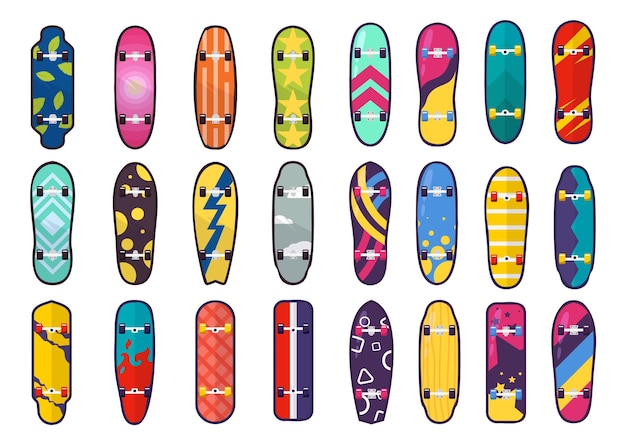 Un gran paquete vectorial de patinetas con muchas formas y patrones. El skateboarding es un deporte extremo popular en todo el mundo, diseño de ilustraciones vectoriales planas.