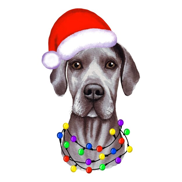 Gran perro danés con luces navideñas en el sombrero de Papá Noel. Linda ilustración de cachorro de Navidad.