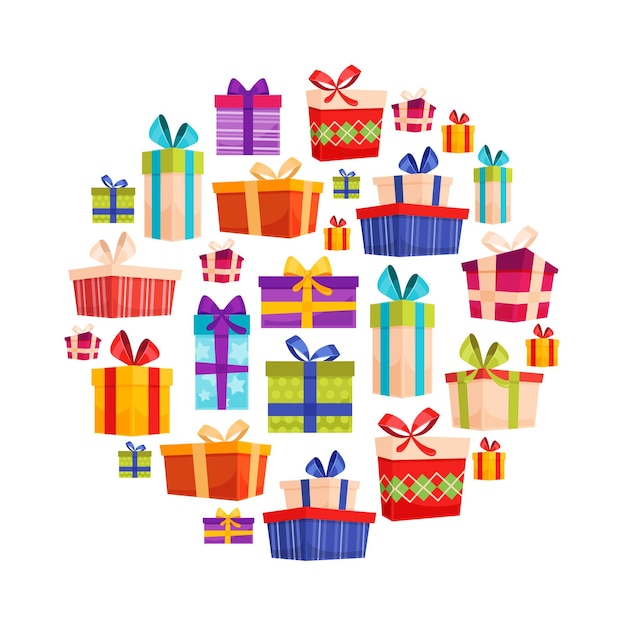 Una gran pila de cajas de regalos envueltas en colores
