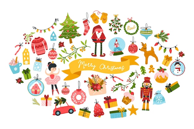 Gran saludo navideño con simpáticos personajes y elementos festivos en forma ovalada. estilo escandinavo dibujado a mano infantil con letras.