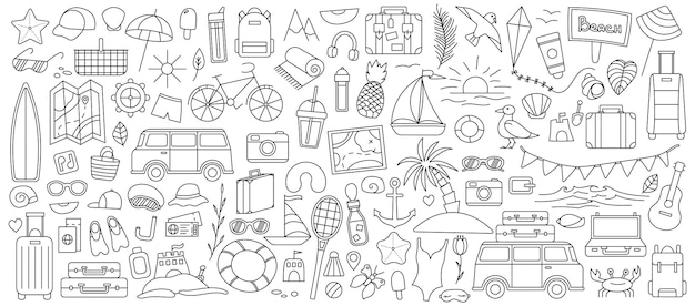 Un gran set con cosas para viajar a la montaña y al mar. Conjunto de cosas de viaje de vacaciones. Colección de verano. Icono de línea de vector. Trazo editable. Estilo Doodle.